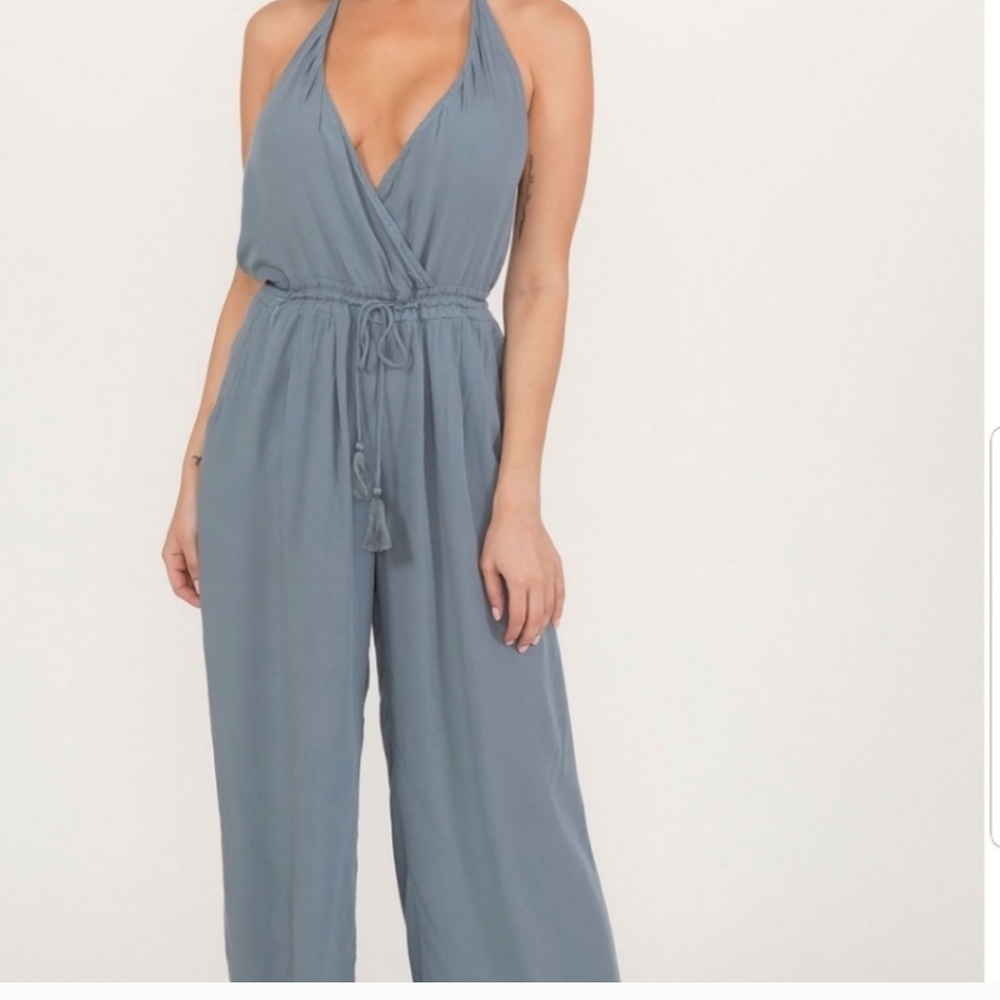 Surplice Halter Drawstring Jumpsuit - Picture 3 of 4